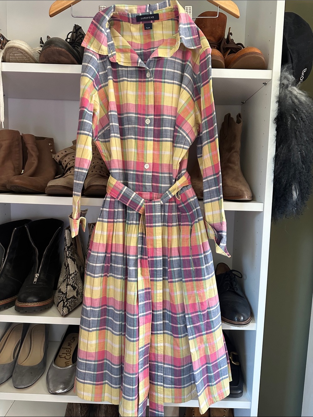 Lands' End Plaid Pink, Yellow & Gray Long Sleeve Shirt Dress with Belt